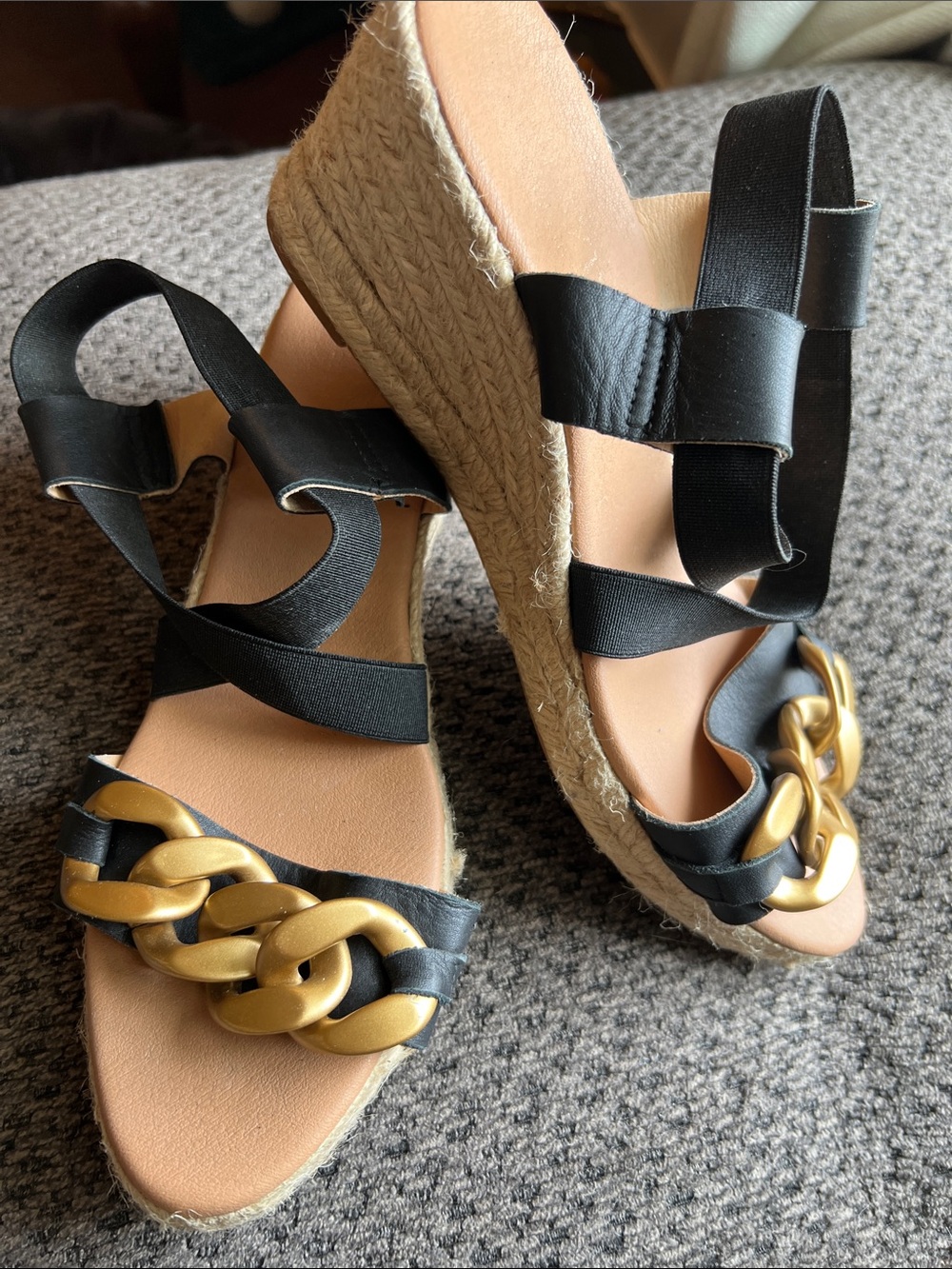 Maypol Black Espadrille Wedge Sandals with Gold Chain Accent Sz 39